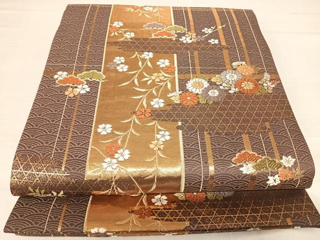 平和屋着物◎六通柄袋帯 唐織 格子枝垂れ花文 金糸 正絹 逸品 AABE3488yx