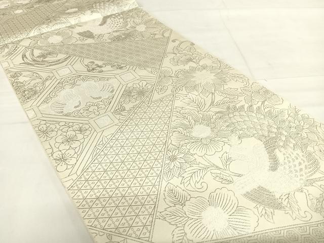 平和屋着物◎六通柄袋帯 九百紋織錦 切嵌孔雀花文 プラチナ箔 正絹 逸品 AABE3530yx