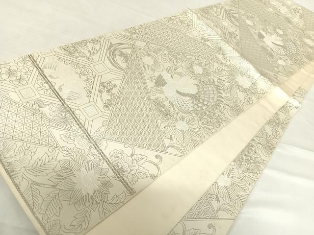 平和屋着物◎六通柄袋帯 九百紋織錦 切嵌孔雀花文 プラチナ箔 正絹 逸品 AABE3530yx