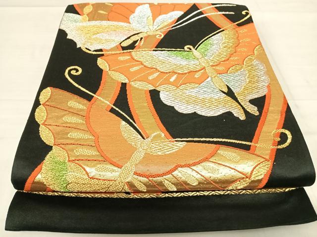 平和屋着物◎六通柄袋帯 立涌舞蝶文 黒地 金銀糸 正絹 逸品 AABE3611yx
