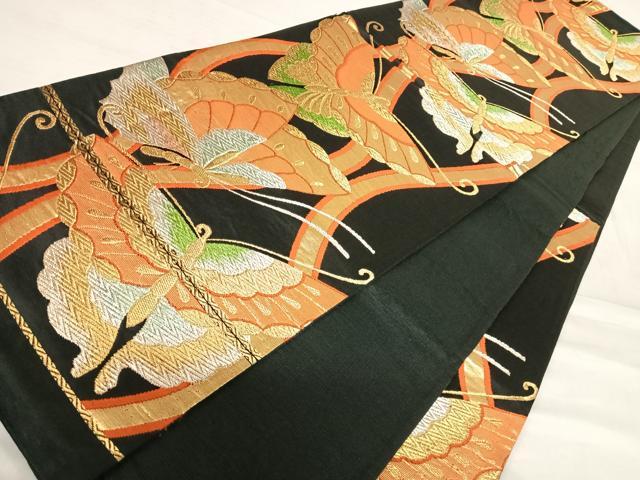 平和屋着物◎六通柄袋帯 立涌舞蝶文 黒地 金銀糸 正絹 逸品 AABE3611yx