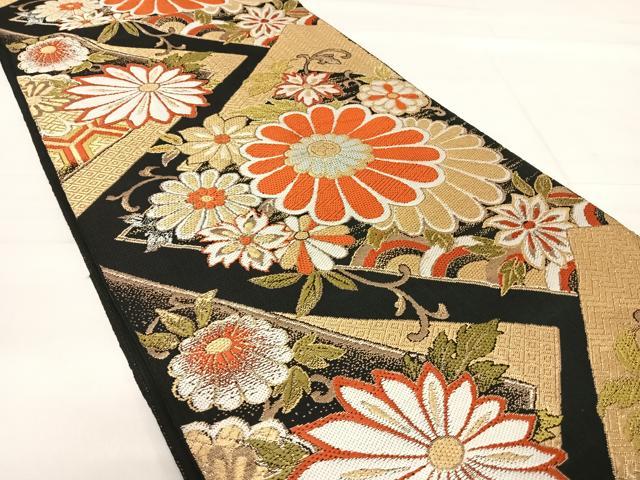 平和屋着物◎六通柄 本袋帯 唐織 花唐草文 黒地 金糸 正絹 逸品 AABE3627yx