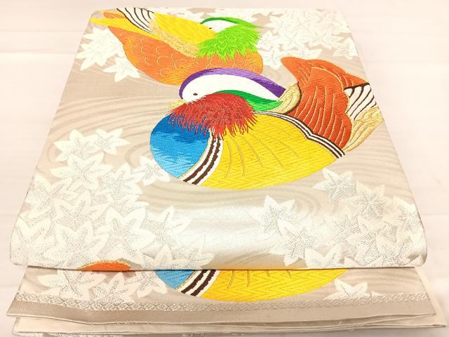 平和屋着物◎六通柄袋帯 唐織 紅葉鴛鴦文 金銀糸 正絹 逸品 AABE3643yx