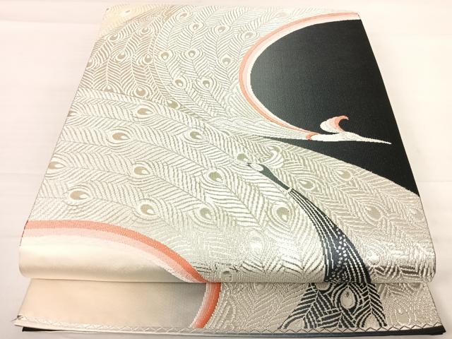 平和屋着物◎六通柄袋帯 唐織 孔雀文 黒地 銀糸 正絹 逸品 AABE3708yx