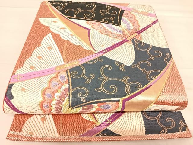 平和屋着物◎六通柄袋帯 唐織 舞蝶文 金糸 正絹 逸品 AABE3715yx
