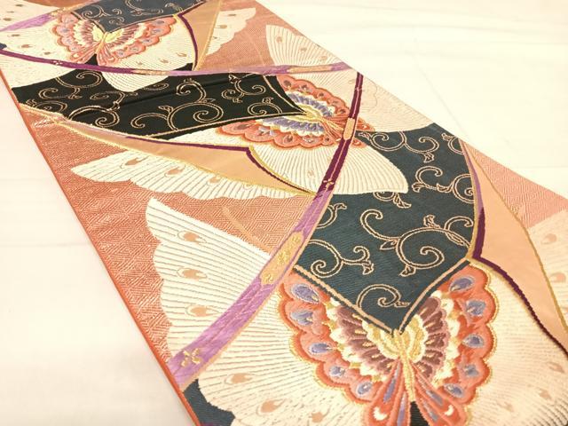 平和屋着物◎六通柄袋帯 唐織 舞蝶文 金糸 正絹 逸品 AABE3715yx