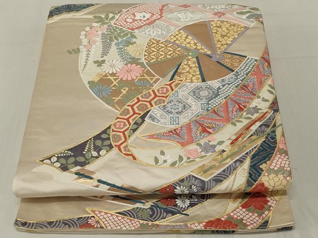 平和屋着物◎六通柄袋帯 唐織 扇面花鳥文 正絹 逸品 AABE4058ou