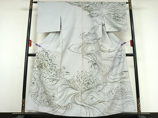 平和屋着物▽訪問着 単衣 作家物 紬地 手描き 立波文 金彩 正絹 逸品 AABE4116jh