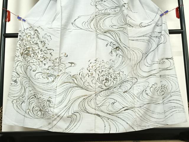 平和屋着物▽訪問着 単衣 作家物 紬地 手描き 立波文 金彩 正絹 逸品 AABE4116jh