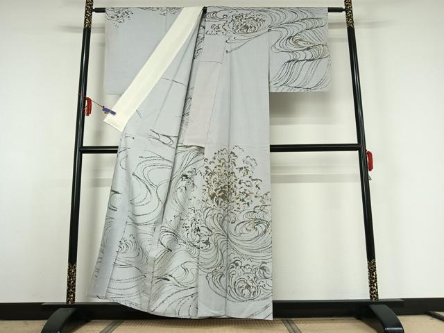 平和屋着物▽訪問着 単衣 作家物 紬地 手描き 立波文 金彩 正絹 逸品 AABE4116jh