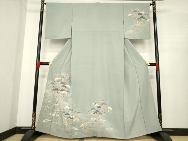 平和屋着物●訪問着 友禅 刺繍 立波風景松文 金彩 正絹 逸品 AABE4169ck