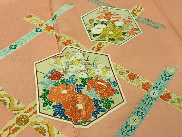 平和屋着物▽訪問着 単衣 亀甲花文 正絹 逸品 AABE4246jh
