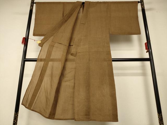 平和屋着物*夏物 男性 本場小千谷ちぢみ 色無地 朽葉色 麻 逸品 AABE4319jd