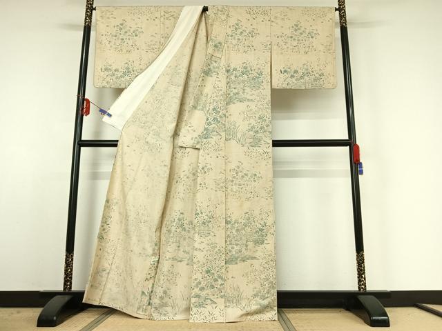 平和屋着物▽訪問着 単衣 紬地 風景花籬文 正絹 逸品 AABE4650jh