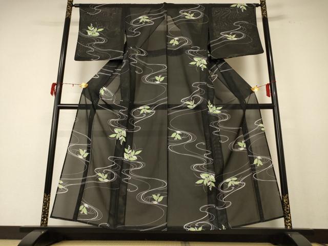 平和屋着物*夏物 小紋 絽 流水草花文 洗える着物 AABE4699jd