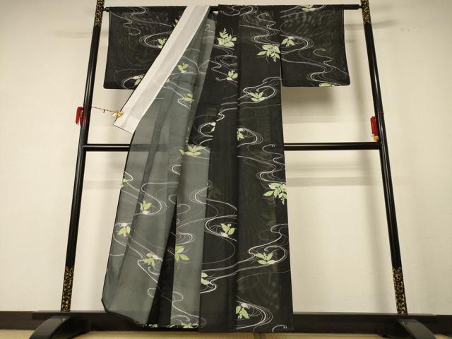 平和屋着物*夏物 小紋 絽 流水草花文 洗える着物 AABE4699jd