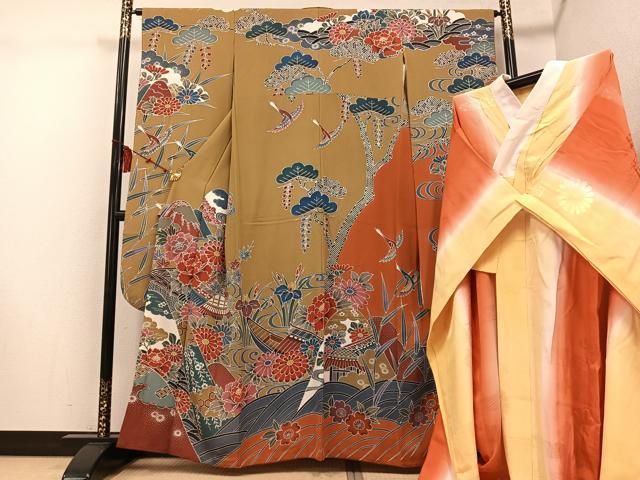 平和屋着物○紅型 振袖・長襦袢(無双仕立て)セット 風景草花文 正絹