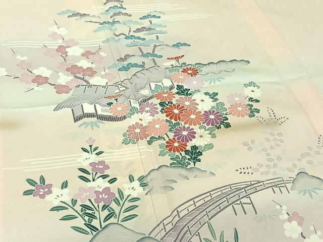 平和屋着物▽訪問着 単衣 風景花文 暈し染め 金彩 正絹 逸品 AABE5167jh