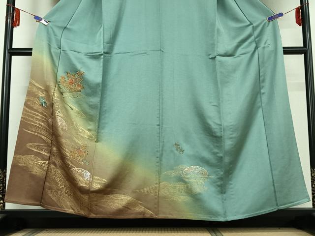 平和屋着物▽訪問着 単衣 中国三大刺繍 汕頭刺繍 スワトウ刺繍 扇面花文 暈し染め 金銀彩 正絹 逸品 AABE5175jh