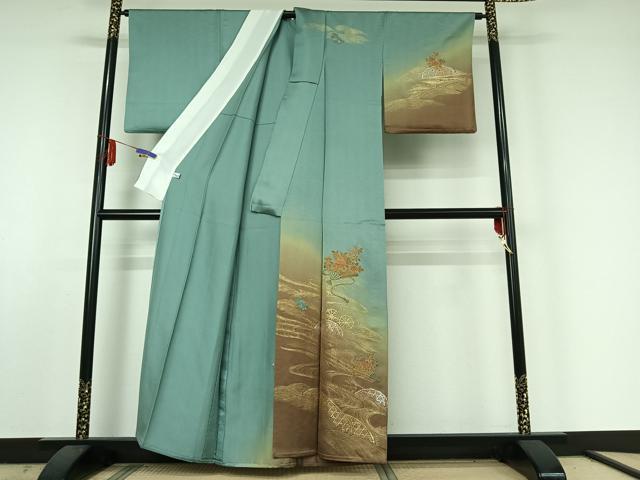 平和屋着物▽訪問着 単衣 中国三大刺繍 汕頭刺繍 スワトウ刺繍 扇面花文 暈し染め 金銀彩 正絹 逸品 AABE5175jh