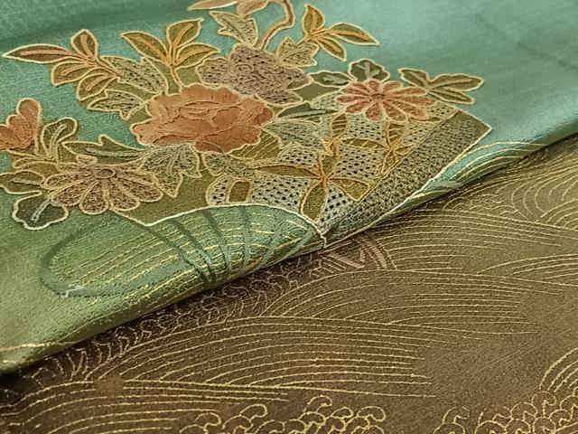 平和屋着物▽訪問着 単衣 中国三大刺繍 汕頭刺繍 スワトウ刺繍 扇面花文 暈し染め 金銀彩 正絹 逸品 AABE5175jh