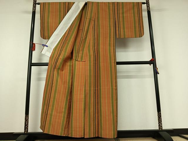 平和屋着物▽上質な紬 単衣 縞 正絹 逸品 AABE5192jh