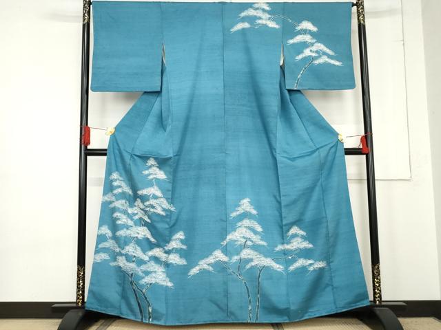平和屋着物●訪問着 紬地 藍 枝松文 金彩 正絹 逸品 AABE5221cs