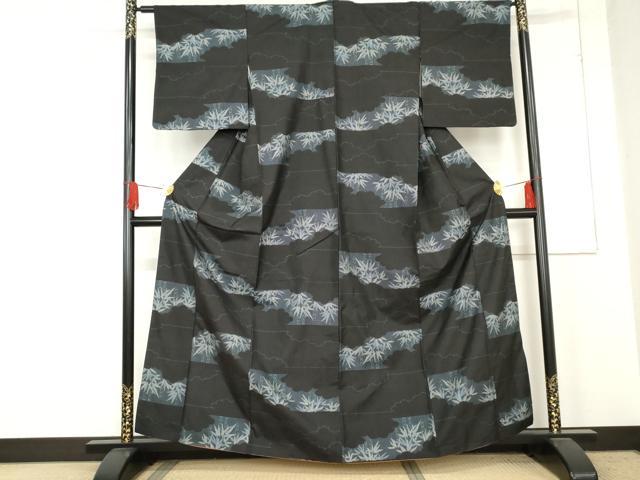 平和屋着物●上質な紬 笹竹文 黒地 正絹 逸品 AABE5252cs