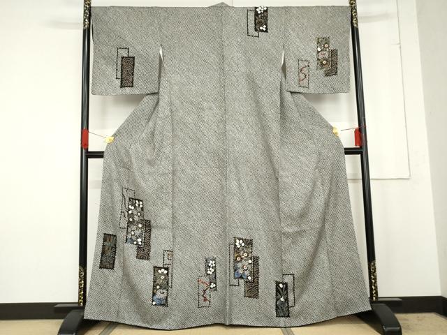 平和屋着物○訪問着 絞り 色紙重ね草花文 黒地 金彩 正絹 逸品 AABE5275cs