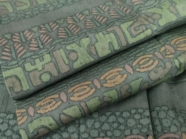 平和屋着物●縦節紬 幾何学横段文 正絹 逸品 AABE5317cs