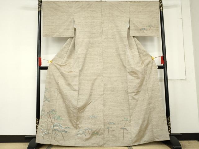 平和屋着物●能州紬　絲藝苑　上島洋山　訪問着　枝松文　銀彩　正絹　逸品　AABE5324cs 平和屋着物○能州紬 絲藝苑 上島洋山 訪問着 枝松文