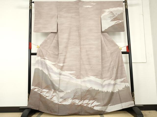 平和屋着物●石川県指定無形文化財　牛首紬　白山工房　手織り　訪問着　遠山風景文　正絹　逸品　AABE5351cs 平和屋着物○石川県指定無形文化財 牛首紬 白山工房 手織り 訪問着