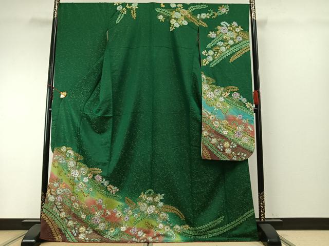 平和屋着物●豪華振袖　螺鈿　色無地　深緑色　正絹　逸品　DABA4582az 平和屋着物○豪華振袖 螺鈿 色無地 深緑色 正絹 逸品 DABA4582az
