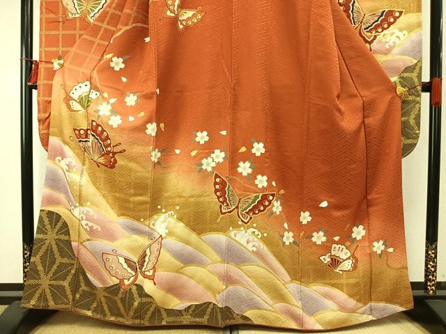 平和屋着物●豪華振袖・長襦袢(無双仕立て)セット 花蝶文 暈し染め 金彩 正絹 逸品 AABE5569fy