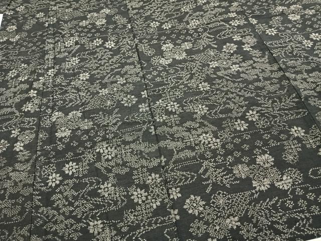 平和屋着物▽上質な紬 単衣 流水花文 黒地 正絹 逸品 AABE5613fy