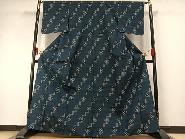 平和屋着物▽上質な紬 単衣 幾何学文様 正絹 逸品 未使用 AABE5618fy