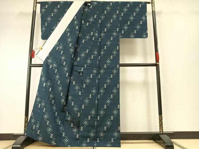 平和屋着物▽上質な紬 単衣 幾何学文様 正絹 逸品 未使用 AABE5618fy