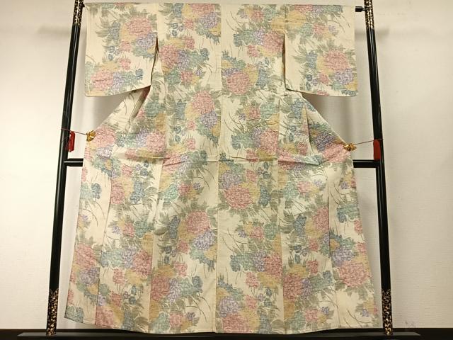 平和屋着物▽小千谷紬 単衣 草花文 逸品 AABE5637fy