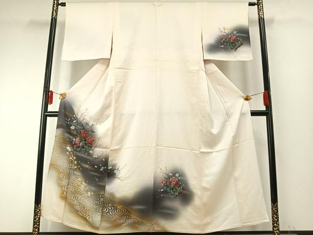 平和屋着物▽訪問着 単衣 枝花文 暈し染め 金銀彩 正絹 逸品 AABE5662fy