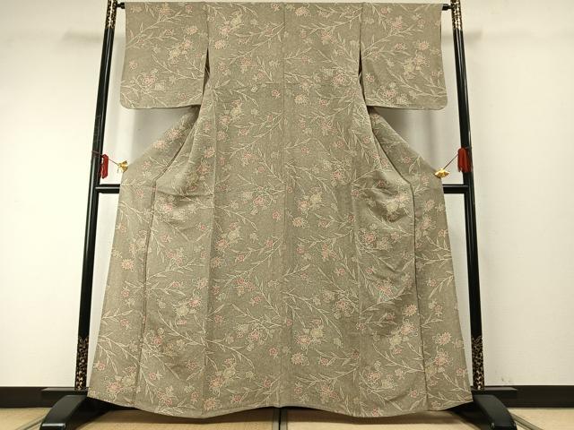 平和屋着物▽上質な小紋 単衣 枝花文 鬼しぼ縮緬 正絹 逸品 AABE5664fy