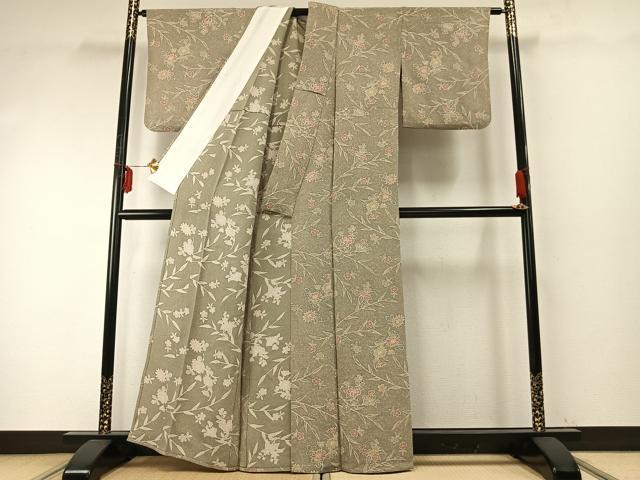 平和屋着物▽上質な小紋 単衣 枝花文 鬼しぼ縮緬 正絹 逸品 AABE5664fy