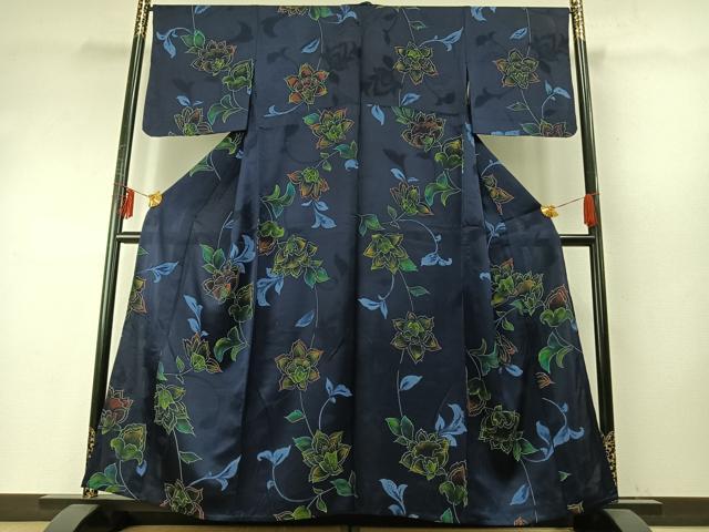 平和屋着物▽上質な小紋 単衣 草花文 正絹 逸品 AABE5671fy