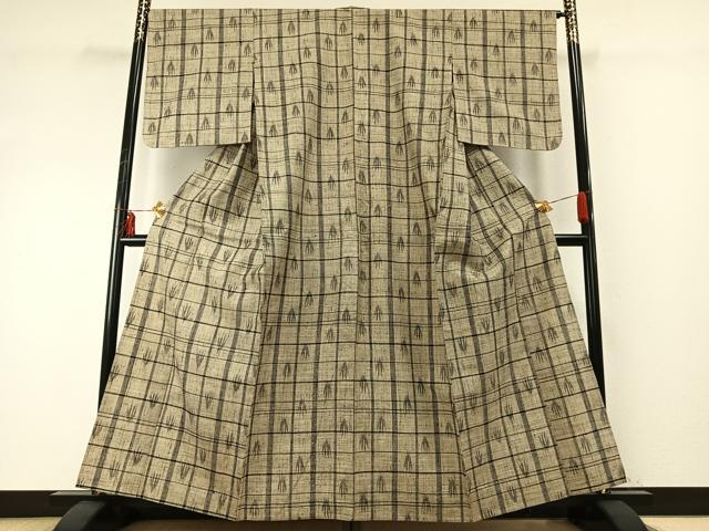 平和屋着物▽上質な紬 単衣 格子 正絹 逸品 AABE5676fy