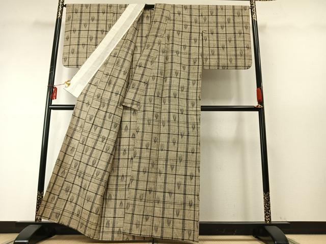 平和屋着物▽上質な紬 単衣 格子 正絹 逸品 AABE5676fy