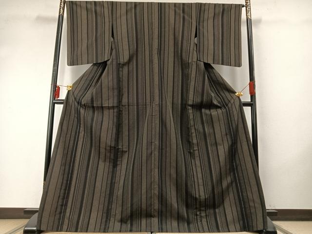 平和屋着物▽お召 単衣 110亀甲 間道 反端付き ロング丈 正絹 逸品 AABE5687fy
