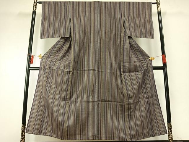 平和屋着物▽上質な紬 単衣 縞 正絹 逸品 AABE5703fy