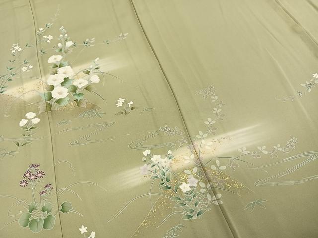 平和屋着物▽訪問着 単衣 友禅 刺繍 草花文 暈し染め 金彩 正絹 逸品 AABE5721fy