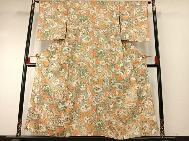 平和屋着物▽上質な小紋 単衣 花絵皿文 正絹 逸品 AABE5722fy