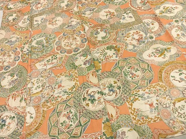平和屋着物▽上質な小紋 単衣 花絵皿文 正絹 逸品 AABE5722fy