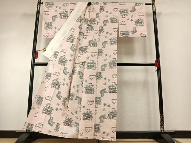 平和屋着物▽上質な紬 単衣 風景文 正絹 逸品 AABE5776fy